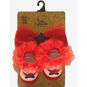 Baby Girls Patriotic Sparkle Headband And Socks Set Size 0-12M Red White Blue